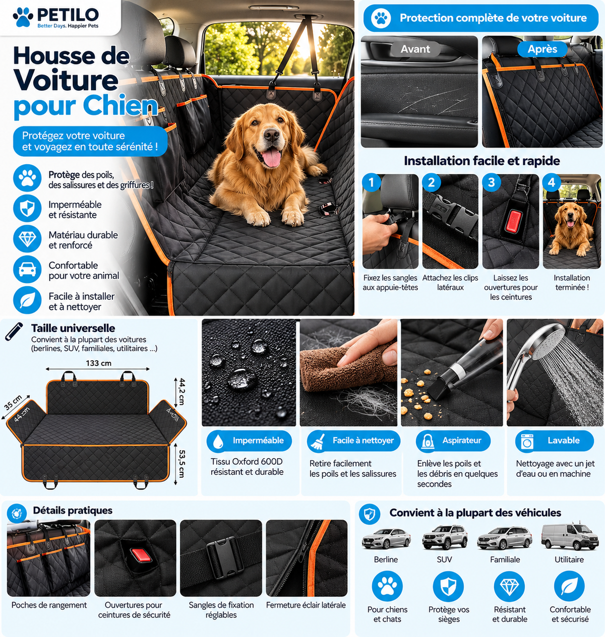 Housse de Protection Voiture pour Chien – Hamac 600D Imperméable, Anti-Poils & Anti-Rayures