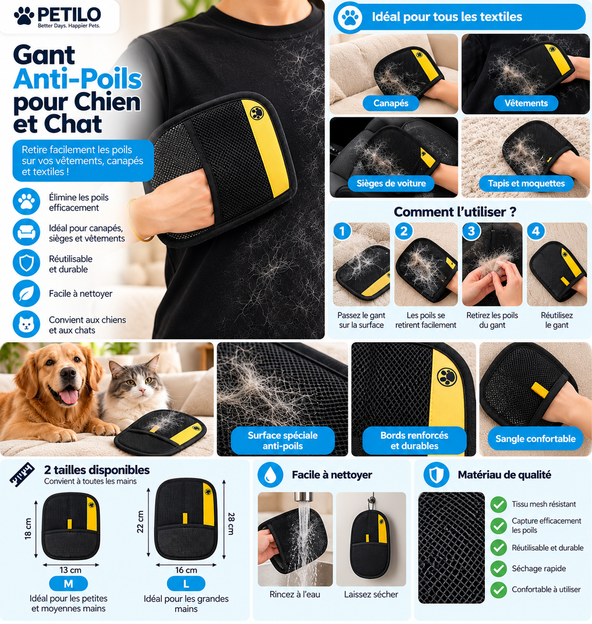 Gant Anti-Poils Réutilisable pour Chiens & Chats — Lot de 2