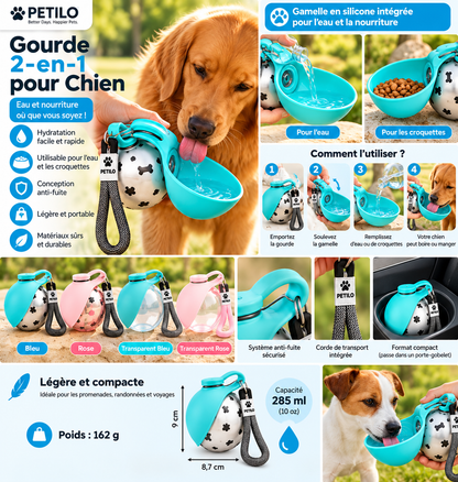 🐶 Gourde Portable 2-en-1 pour Chien avec Gamelle – 285 ml