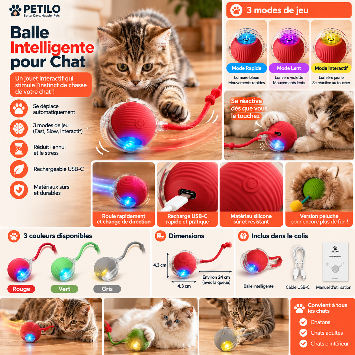Balle Intelligente Interactive pour Chat – Jouet Automatique 3 Modes avec Lumière LED & Recharge USB-C