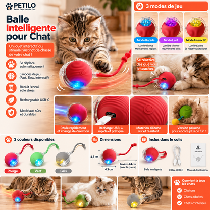 Balle Intelligente Interactive pour Chat – Jouet Automatique 3 Modes avec Lumière LED & Recharge USB-C