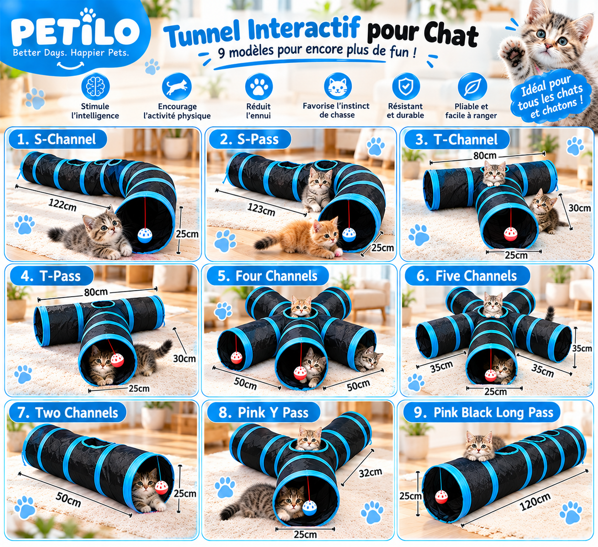 Tunnel Interactif pour Chat 3 Voies – Jouet Pliable avec Balles