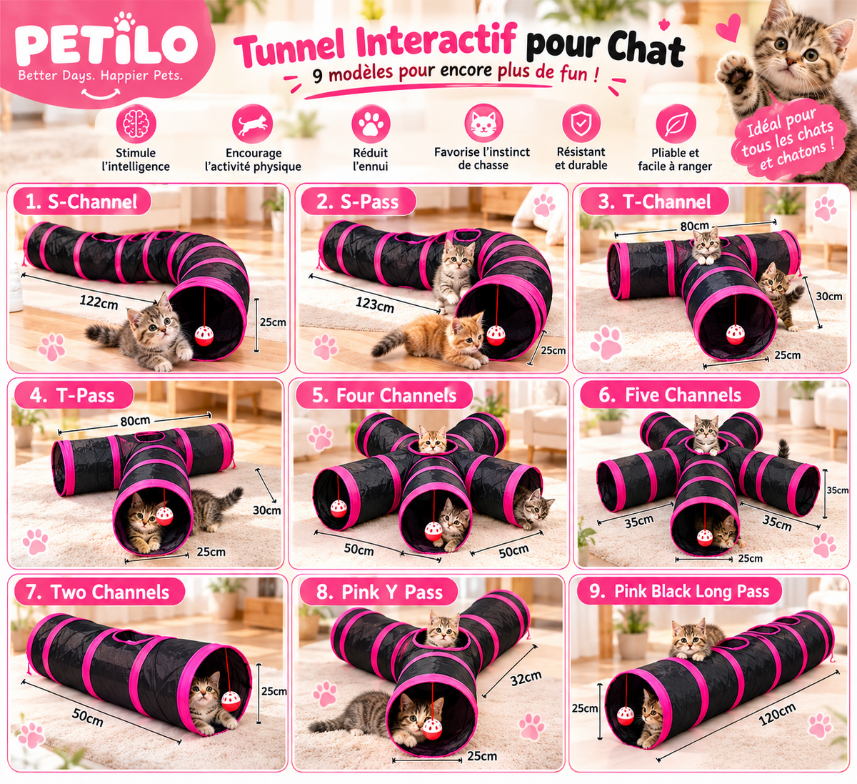 Tunnel Interactif pour Chat 3 Voies – Jouet Pliable avec Balles